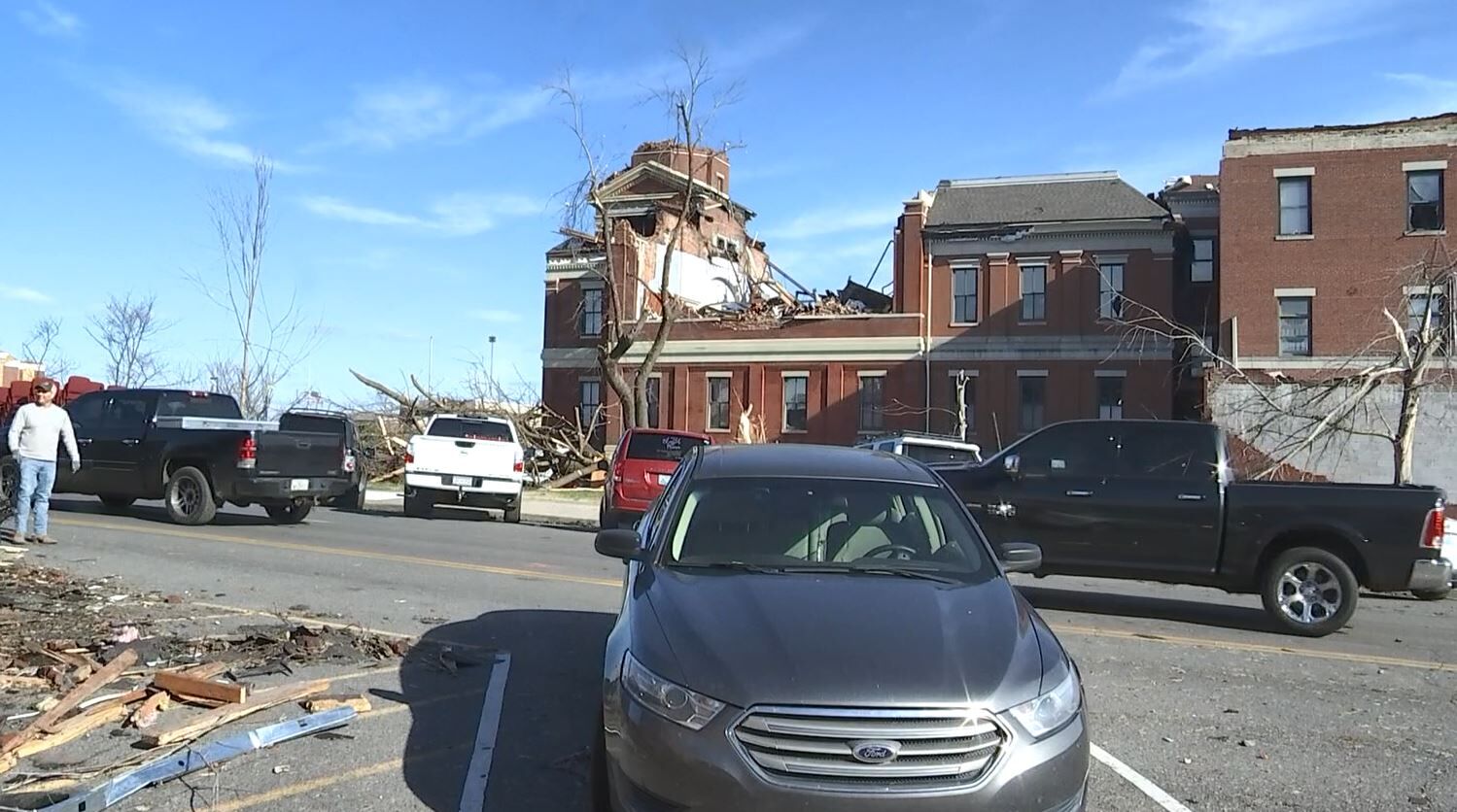 People and businesses on Mayfield’s court square are cleaning up after brutal storms Friday.